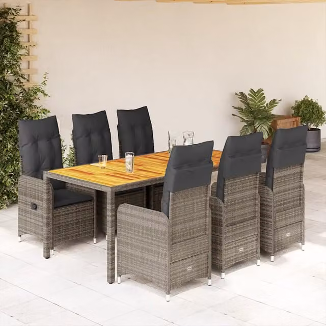 Set Bistrò da Giardino vidaXL in Polyrattan e Legno di Acacia Grigio con 7 Pezzi