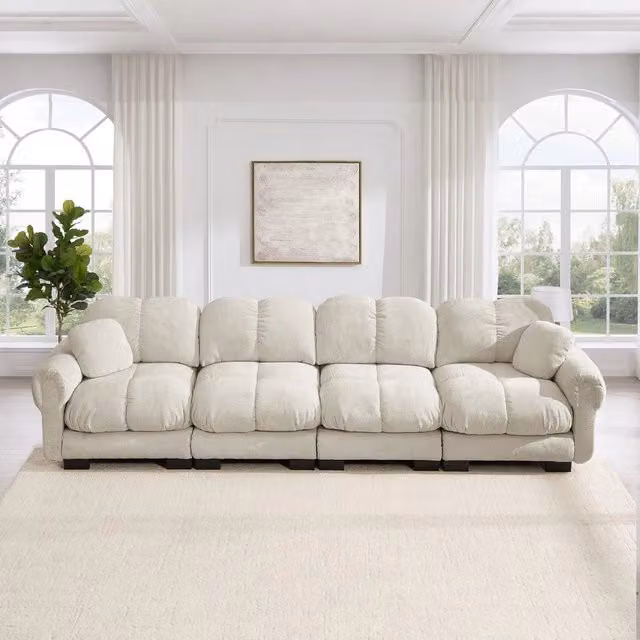 Divano 4 posti Minimal in tessuto chenille grigio chiaro con braccioli e cuscini imbottiti
