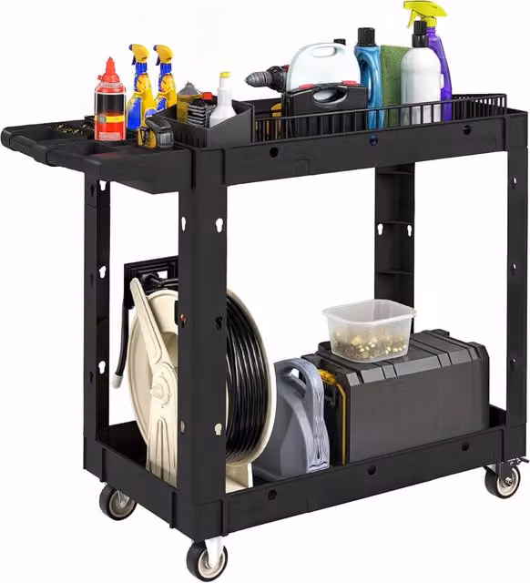 Carrello da officina a 2 ripiani in plastica nero con maniglia laterale e ruote, carrello porta attrezzi per garage magazzino