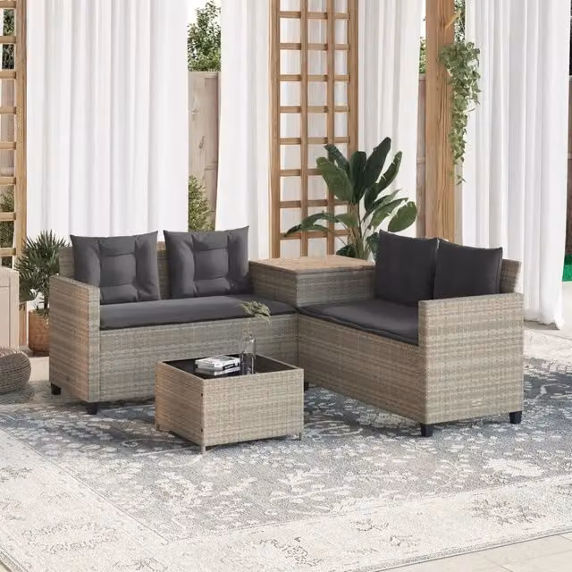 Divano Giardino Tavolo e Cuscini a L Grigio Chiaro Polyrattan 369032