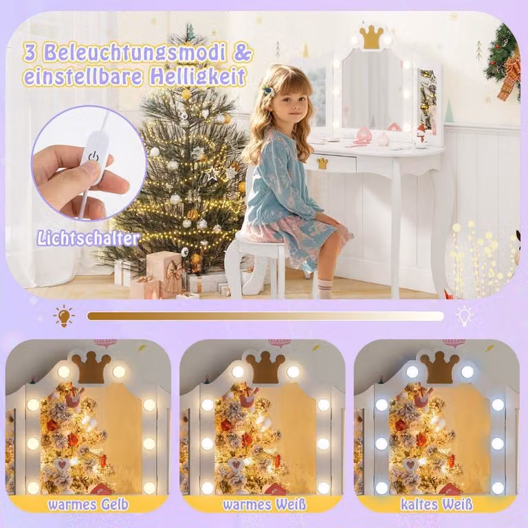 Toeletta per bambini con illuminazione, toeletta per ragazze con specchio a tre ante, bianco