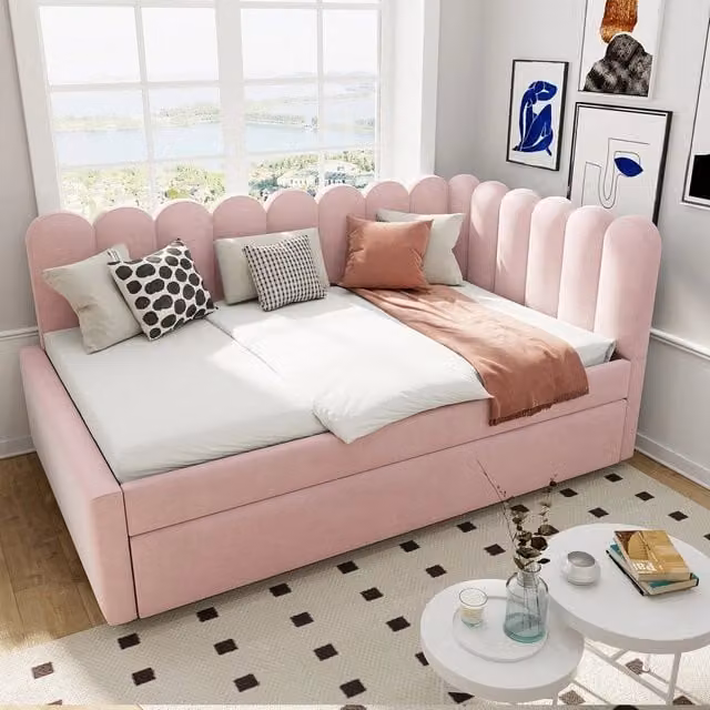 Divano letto angolare - Xylo - 140x200 cm gigogne fiori rosa