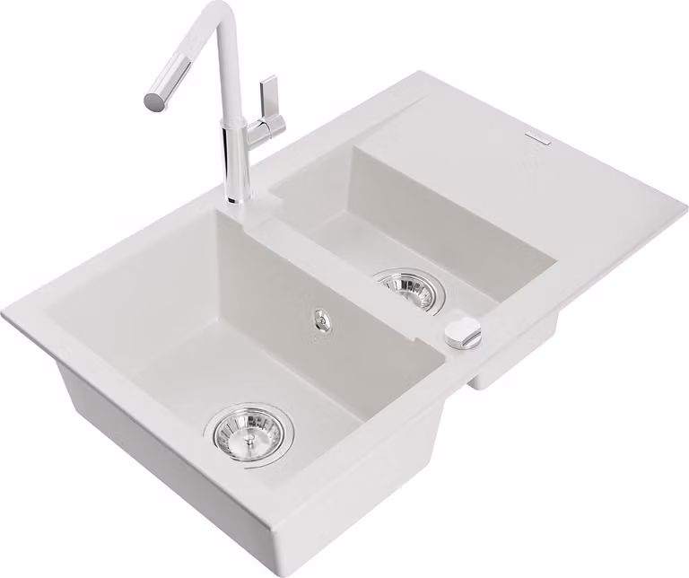 Mexen Gaspar lavello in granito 1,5 vasca con gocciolatoio e miscelatore da cucina Flora, bianco - 6507-20-670401-02
