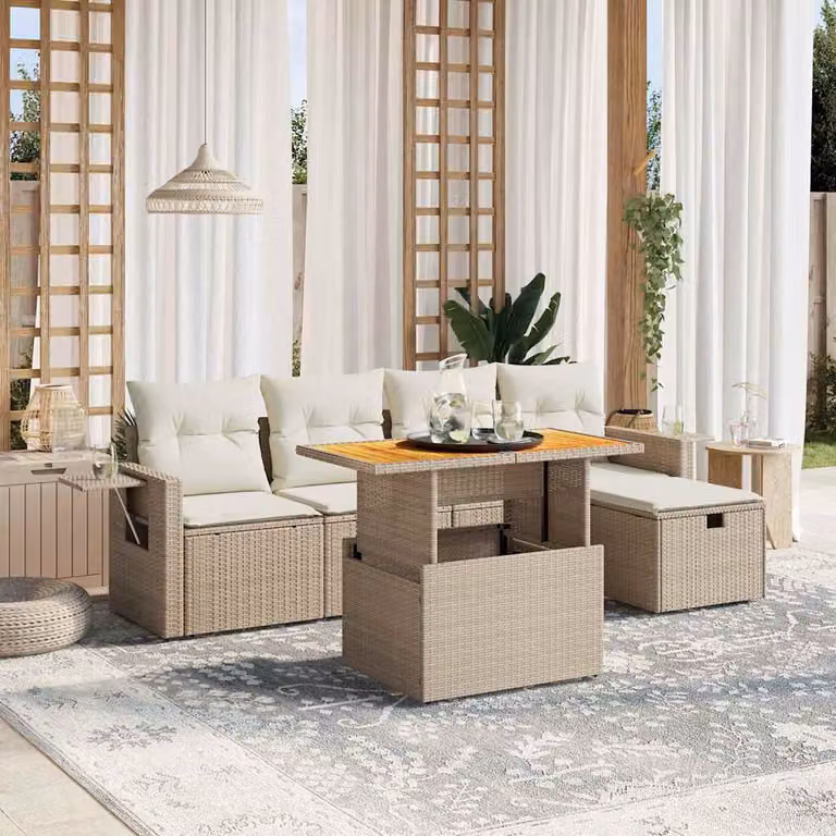 vidaXL Set Divano da Giardino a L in Polyrattan e Legno di Acacia con Cuscini Beige e Tavolino, 6 Pezzi