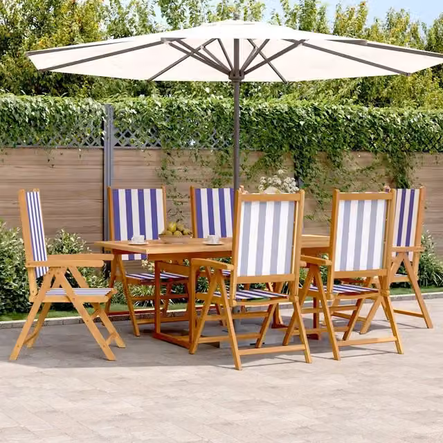 Set Pranzo da Giardino vidaXL in Legno di Acacia Olio con 7 Pezzi Blu e Bianco a Righe – 1