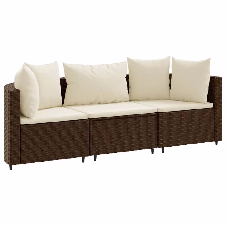 Set Divano da Giardino 3 pz con Cuscini Marrone in Polyrattan