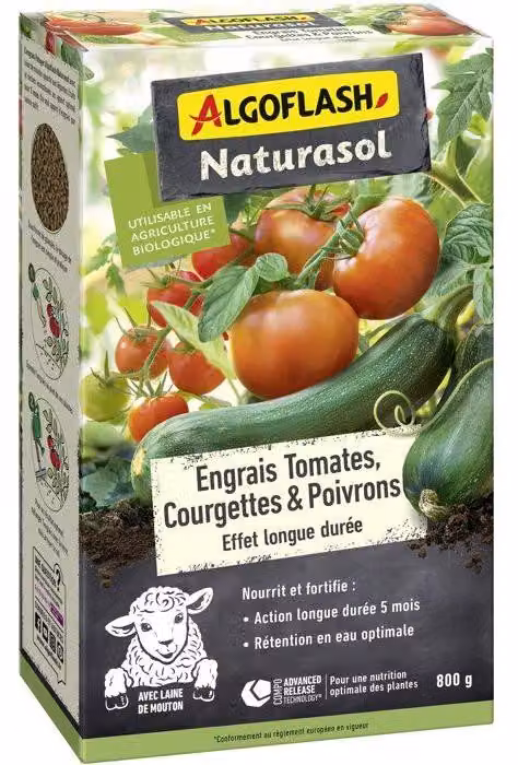 Fertilizzante per ortaggi ALGOFLASH NATURASOL, pomodori, zucchine, peperoni, azione prolungata, 800 g, confezione
