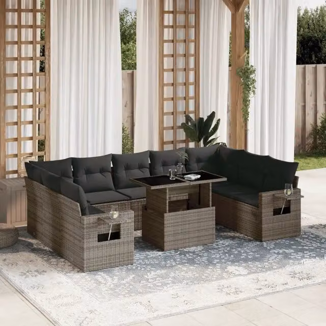 Set Divano da Giardino 10 pz con Cuscini Grigio in Polyrattan 3268110