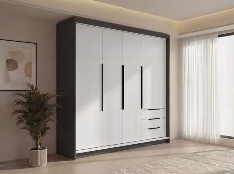 Spazioso armadio a quattro ante KLARI con cassetti e maniglie in metallo – design moderno