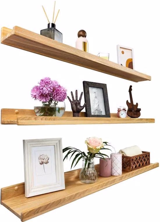 Mensole da parete con ripiani in legno a forma di cuneo, 90 cm, effetto naturale, stile rustico, per camera da letto, soggiorno, bagno, cucina e ufficio