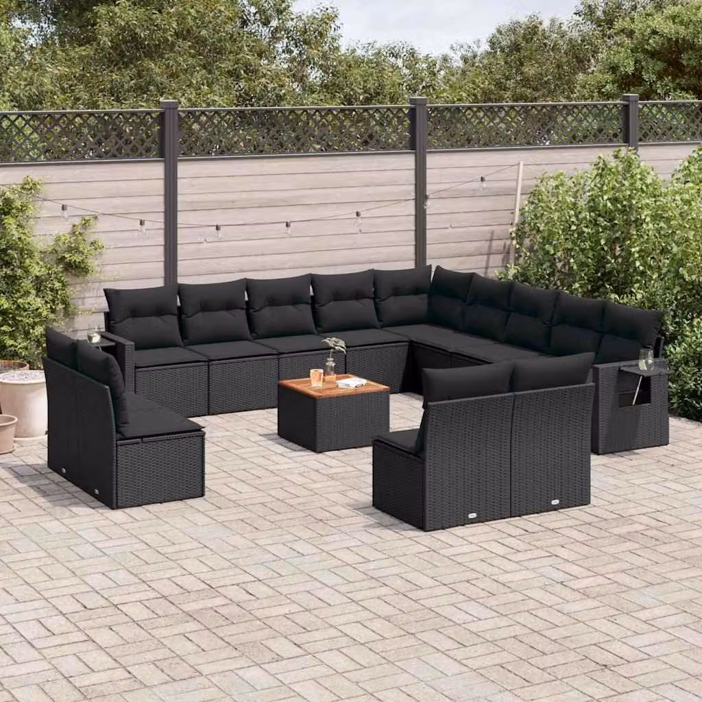 vidaXL Set Divani da Giardino a L in Polyrattan Nero con Cuscini e Tavolino da Esterno – 1