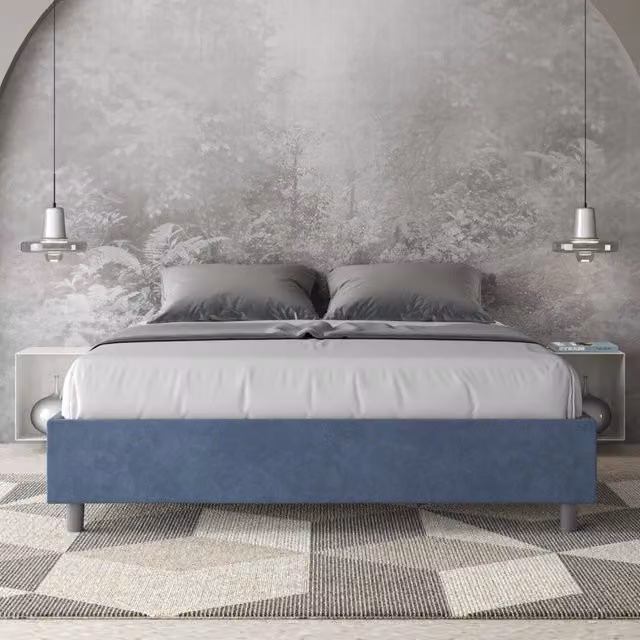 Letto queen size contenitore imbottito 150x190 microfibra blu Azelia