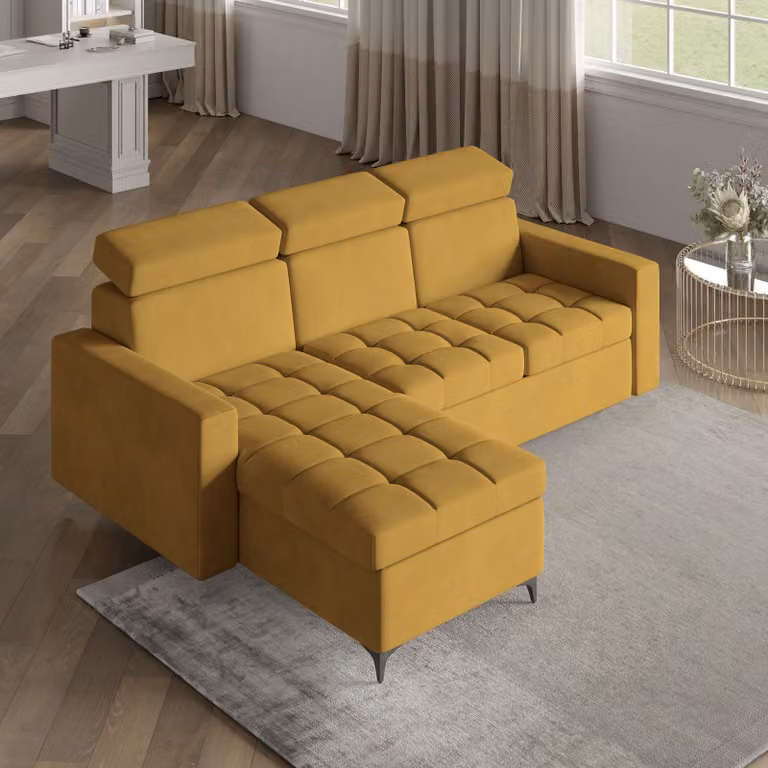 Divano angolare KAME di Masseno con funzione letto a L, divano con box letto, divano da soggiorno, divano, divano letto, set di divani - giallo, KRONOS 01