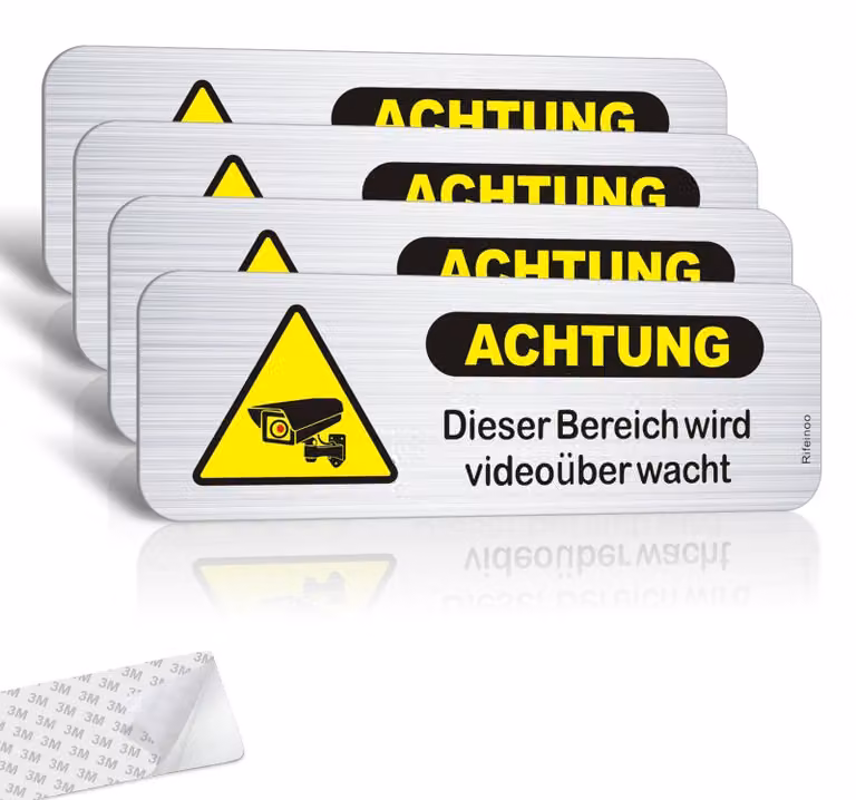 Set di 4 adesivi per videosorveglianza, dimensioni 150 x 50 mm, autoadesivi, in alluminio, adatti per interni ed esterni