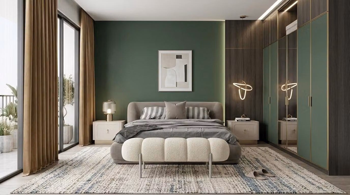 Due comodini, panca, camera da letto, stile moderno, grigio, confortevole