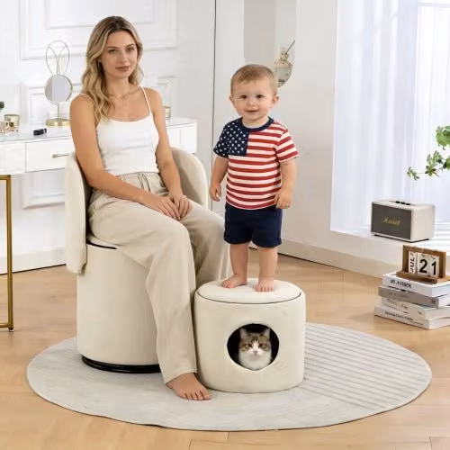 Poltrona Girevole con Vano Contenitore MINIMAL in Tessuto Imbottito Beige con Design Moderno e Multifunzionale