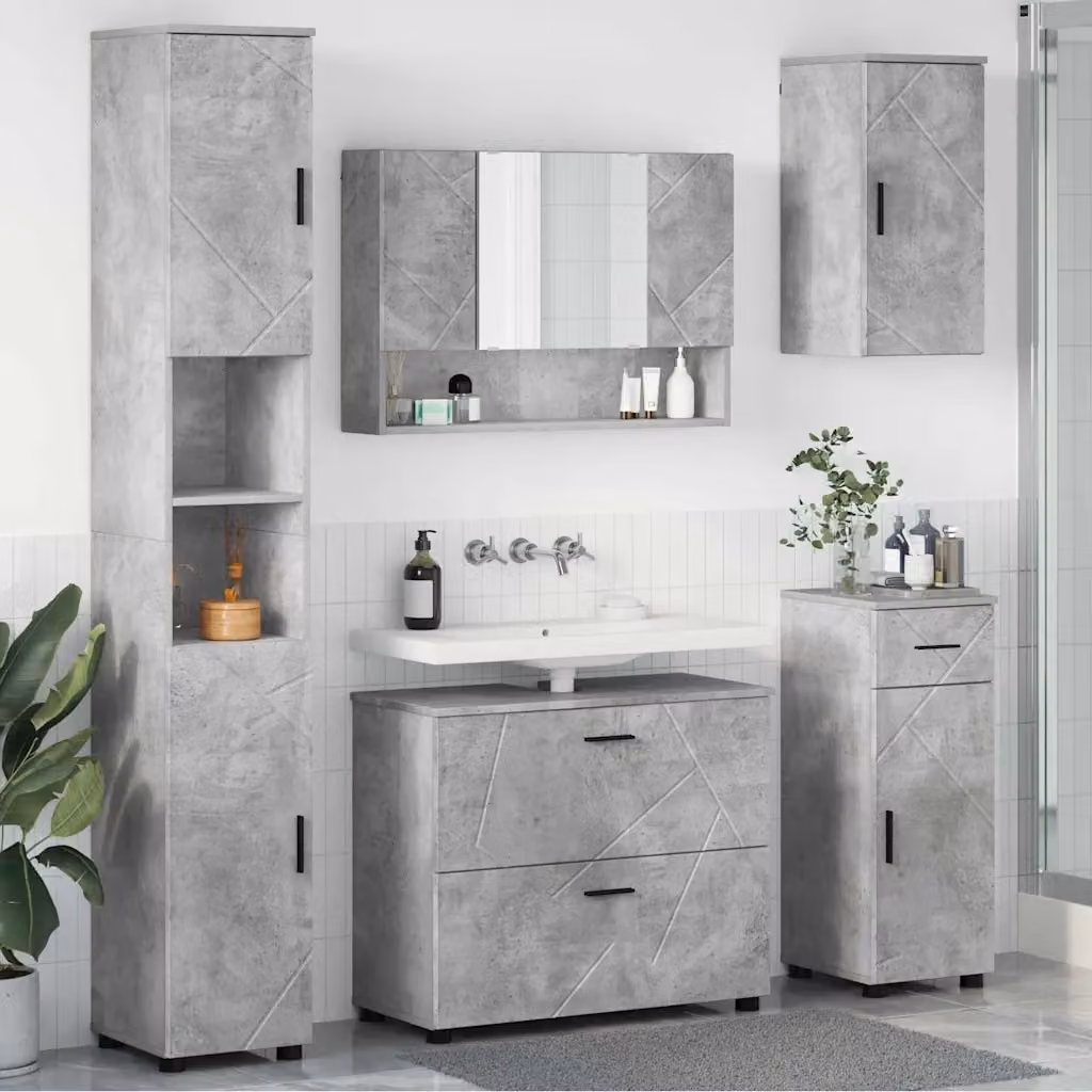 Set di mobili per il bagno moderno vidaXL composto da 5 pezzi in legno e metallo, colore grigio e nero, L/P/H: 35 x 30 x 192 cm – 1