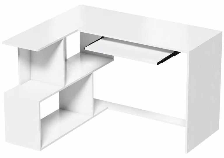 Scrivania ad angolo Moonbite, forma a L, dimensioni 120 x 100 cm, scrivania per computer con cassetto per tastiera e scaffale a forma di S con 4 scomparti, capacità di carico 35 kg, realizzata in legno, colore bianco