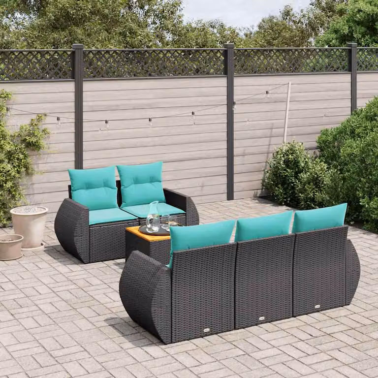 Set Divani da Giardino vidaXL 6 Pezzi in Polyrattan Nero con Cuscini e Tavolino da Esterno a Forma di L