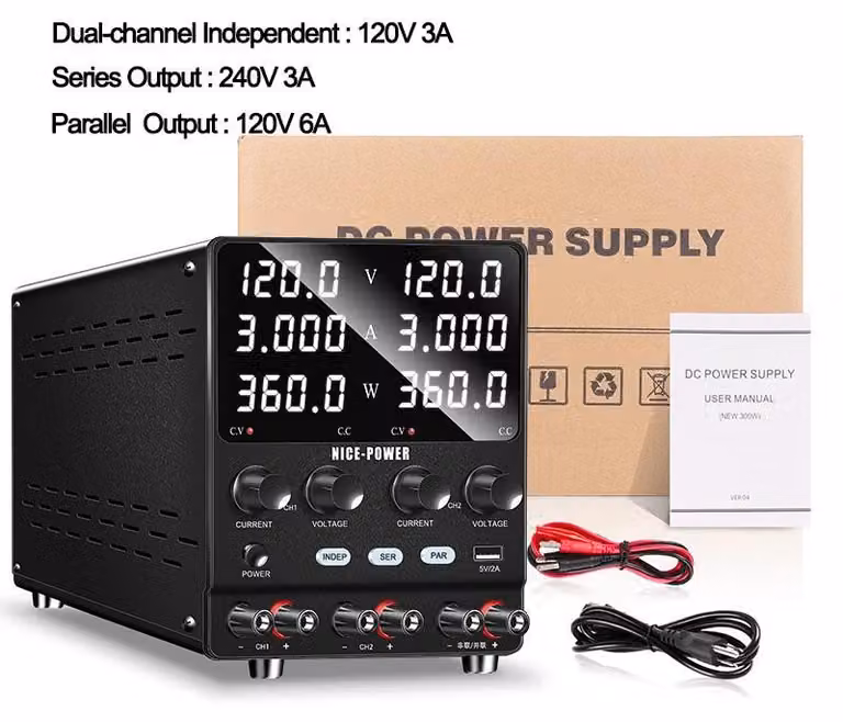 Alimentatore da laboratorio DC a doppio canale, regolabile da 0 a 120V e da 0 a 3A, con uscita USB 5V 2A, possibilità di funzionamento in serie e in parallelo, con sistema di ricarica e protezione intelligenti. Alimentatore a due canali, 120V, 3A