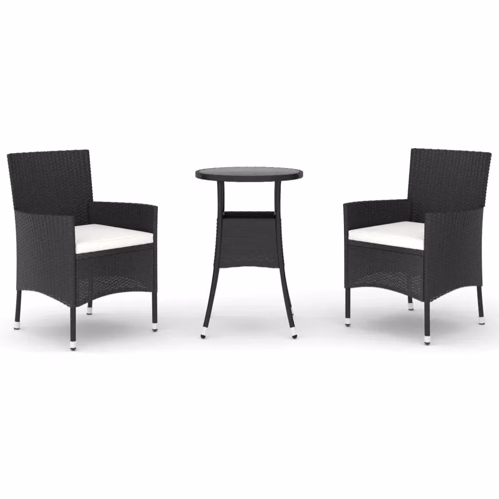 Set Bistrò da Giardino 3 pz vidaXL in Polyrattan Nero con Piano in Vetro e Cuscini – 2
