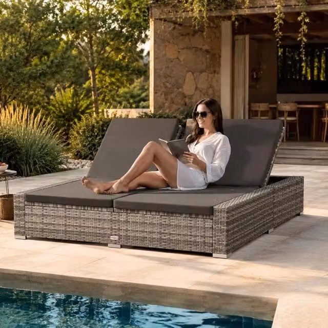 Double Sun Lounger, Poly Rattan, Grey
