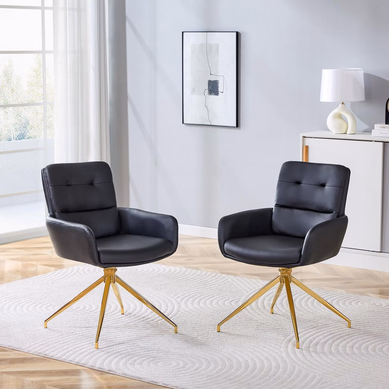 Set di due sedie girevoli, rivestite in PU, con gambe in metallo, girevoli a 360°, stile leggermente lussuoso (nero e oro)