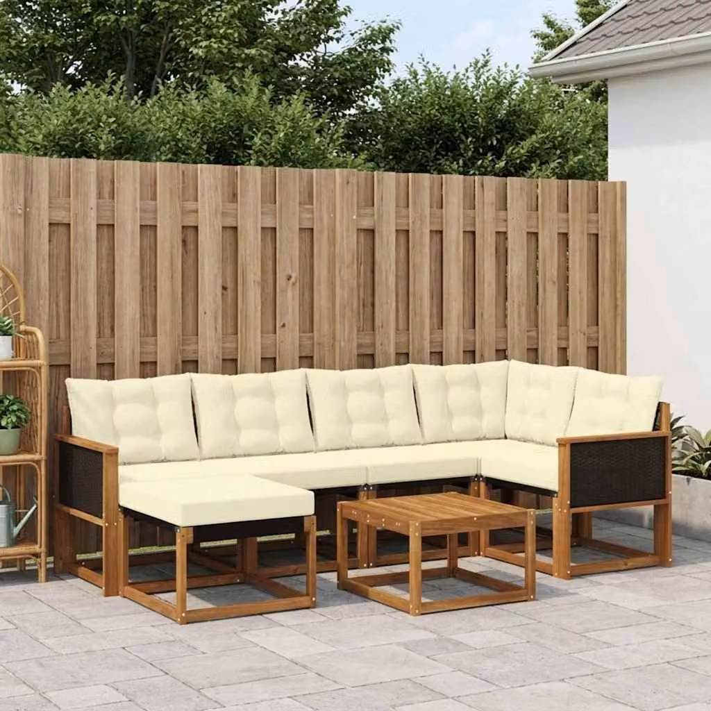Set di divani da esterno vidaXL 7 pz in legno di acacia con cuscini beige e bianco e tavolino da giardino moderno