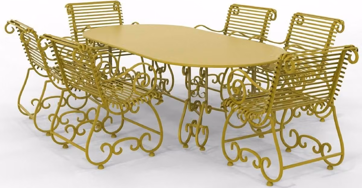 Casa Padrino Set di mobili da giardino in ferro battuto liberty - Vari colori - 1 tavolo ovale e 6 sedie da giardino con braccioli - Mobili da giardino e da giardino in ferro battuto liberty