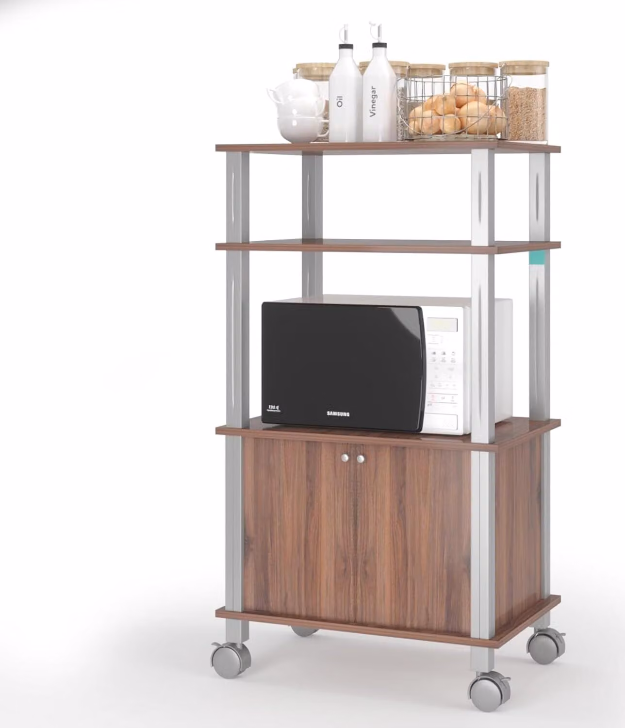 KOMFOTTEU Scaffale da cucina a 3 ripiani, scaffale per microonde, scaffale per microonde su rotelle, scaffale da fornaio, scaffale a colonna con ante, mobile per microonde, carrello da cucina in legno, carrello ausiliario 60x40x98 cm