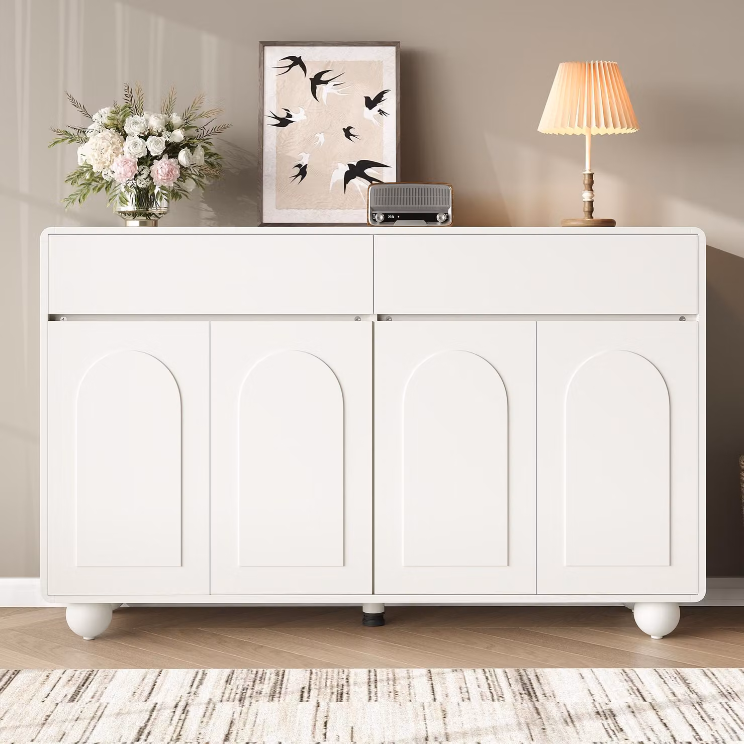 Credenza Merax con ante curve, cassettiera con 2 cassetti e 4 ante, mobile contenitore in MDF e PB con piedini in metallo, bianco