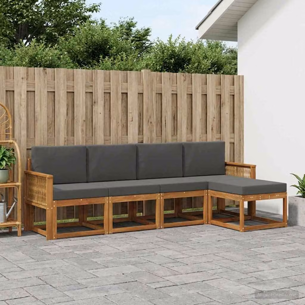 Set di divani da esterno vidaXL a forma di L con pouf, in legno di acacia e tessuto antracite e marrone