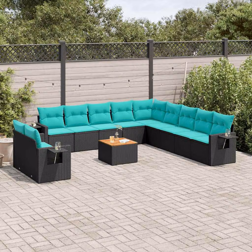 Set di divani da giardino vidaXL in polyrattan nero con cuscini a forma di U per terrazza e balcone