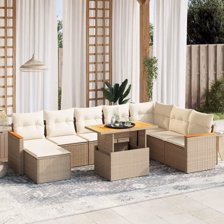 vidaXL Set Divano da Giardino a L 9 pz in Polyrattan Beige con Cuscini e Tavolino