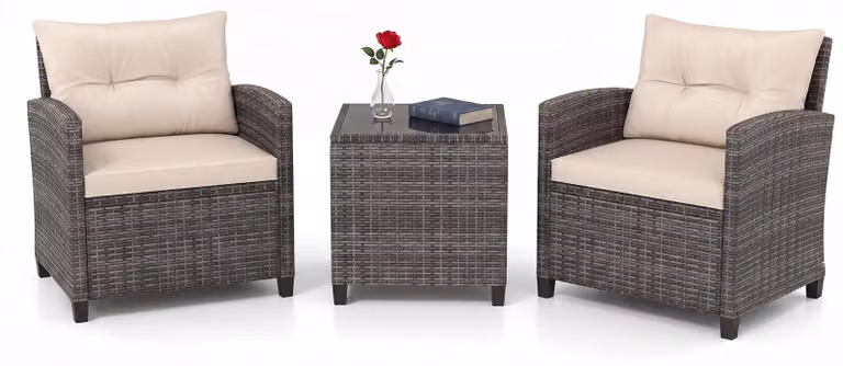 Set di mobili da giardino in rattan KOMFOTTEU, set di mobili da lounge per esterni con 2 poltrone, 1 tavolino, cuscini per seduta e schienale, mobili per balconi piccoli, mobili da lounge per giardino, mobili per terrazza per 2 persone