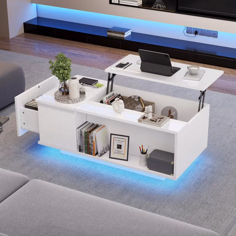 Tavolino da salotto 100*50*40 cm, regolabile in altezza con vano portaoggetti nascosto, tavolino con luce a LED, tavolino da salotto con cassetto, bianco, 100 cm, 50 cm, 40 cm, pannello truciolare