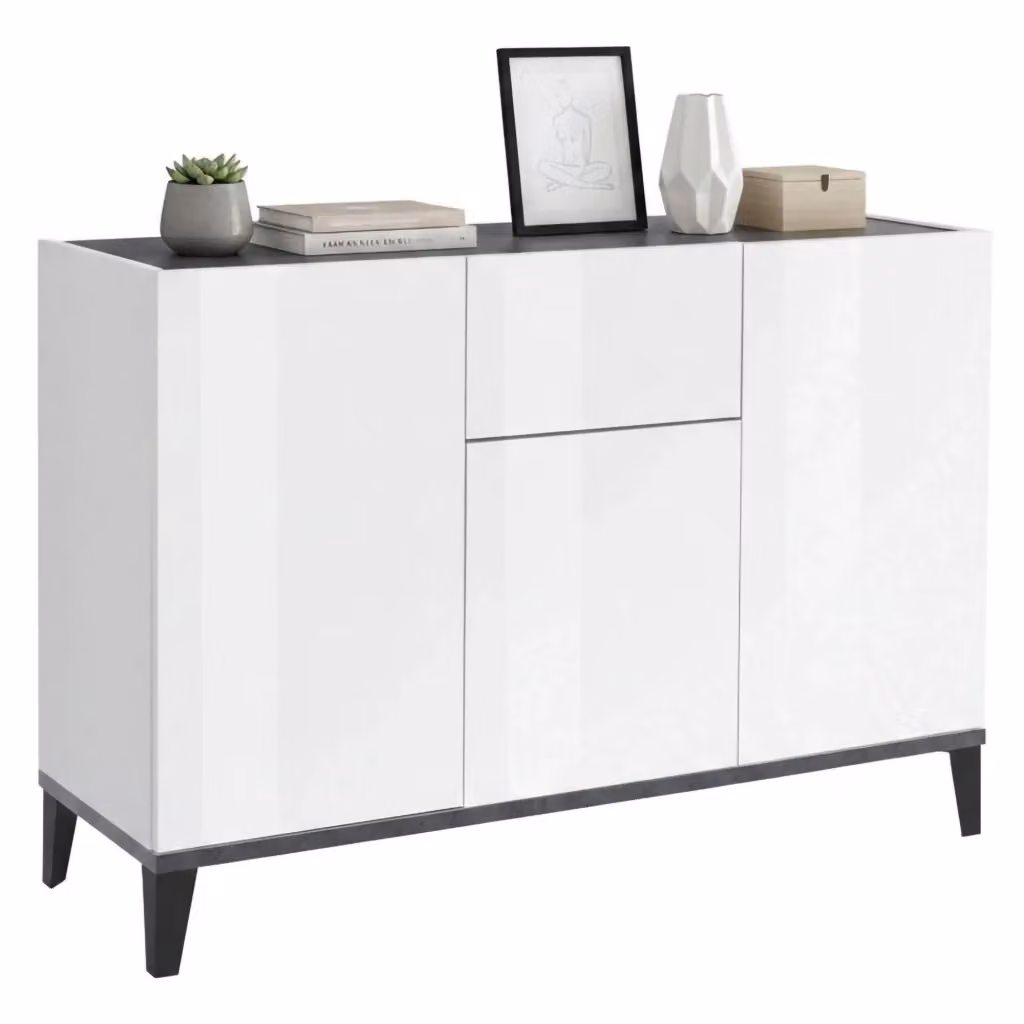 Madia Albatross DMORA con 2 ripiani, design moderno Made in Italy, Bianco Lucido, L: 120 cm, P: 40 cm, H: 82 cm – 2