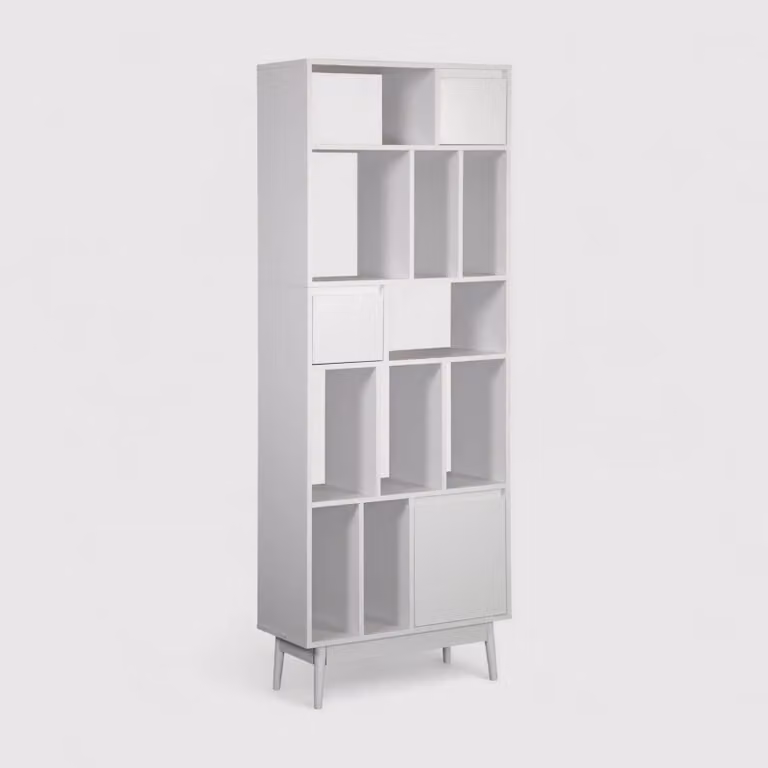 Mawar - Libreria design alta bianca con 5 ripiani e 13 vani