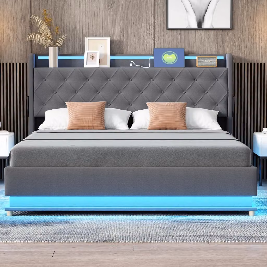 Letto imbottito Mivray con contenitore idraulico, illuminazione LED multicolore e porta USB, rivestito in tessuto di lino grigio, L/P: 160 x 200 cm – 2