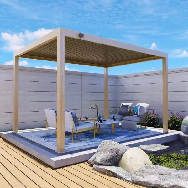 Pergola bioclimatica Atena IPERBRIKO in alluminio effetto legno beige e marrone L: 400 cm, P: 300 cm, H: 200 cm – 2