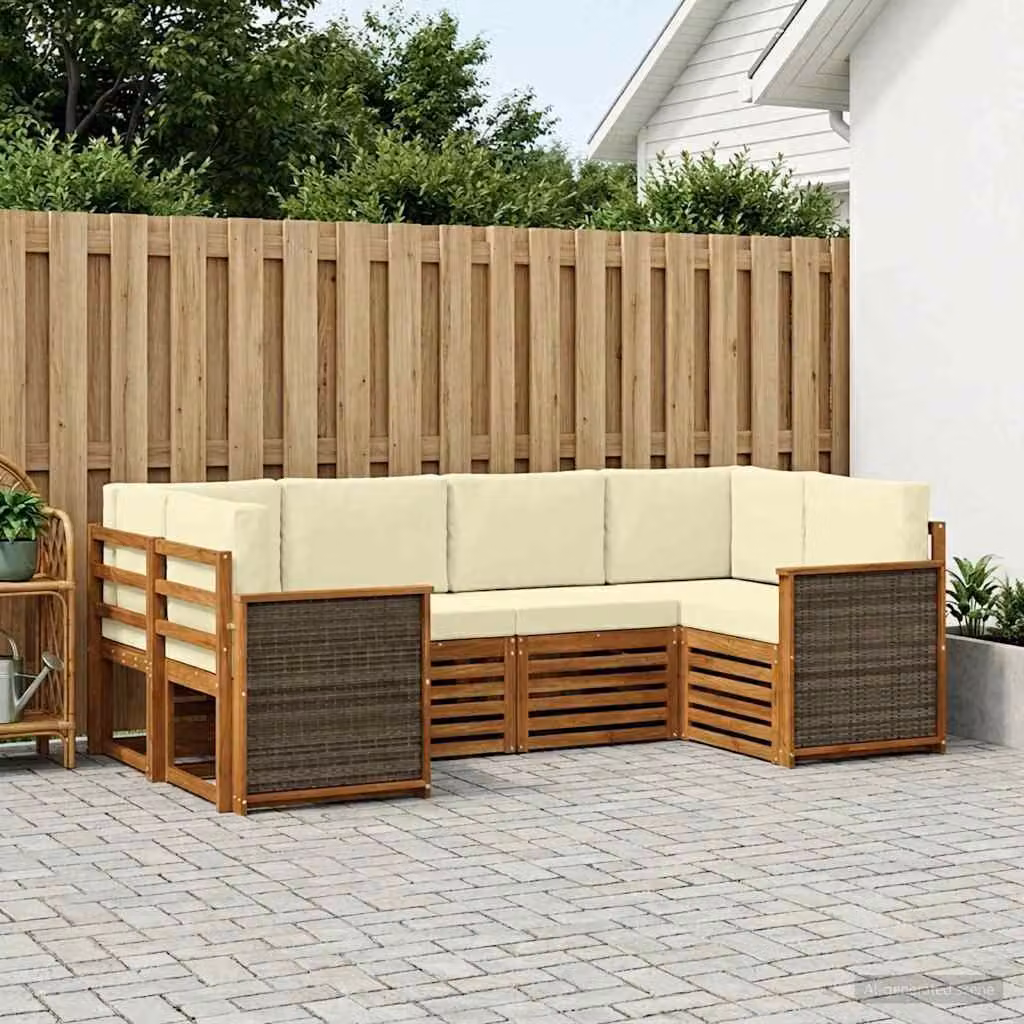 Set di divani da esterno vidaXL a forma di L composto da 6 pezzi in legno di acacia con cuscini, colore beige e marrone