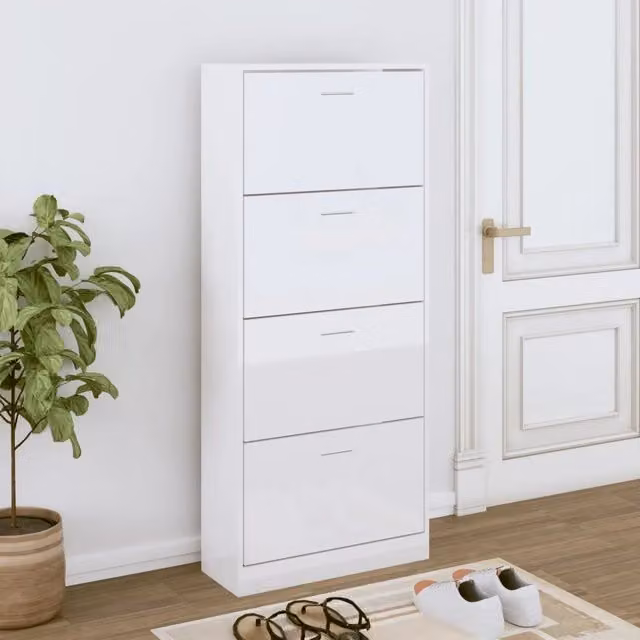 Scarpiera Design Mania Bianco Lucido in Legno con Scomparti Basculanti L: 63 cm, P: 24 cm, H: 147 cm