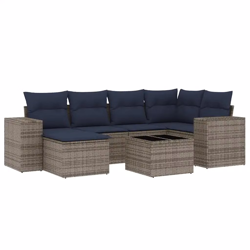 Set da giardino moderno vidaXL composto da 7 pezzi con divani a L, tavolino da caffè e pouf in polyrattan grigio e blu con cuscini inclusi – 2