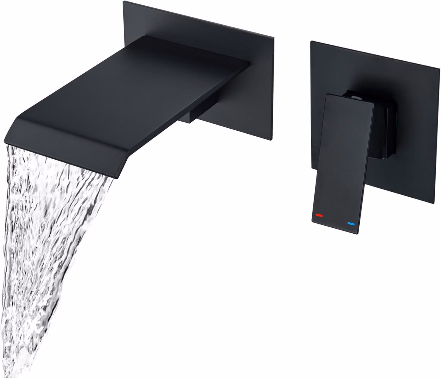 Rubinetto per vasca da bagno da montare a parete, design a cascata nero, con 2 fori, bocchetta da 10 cm, per bagno