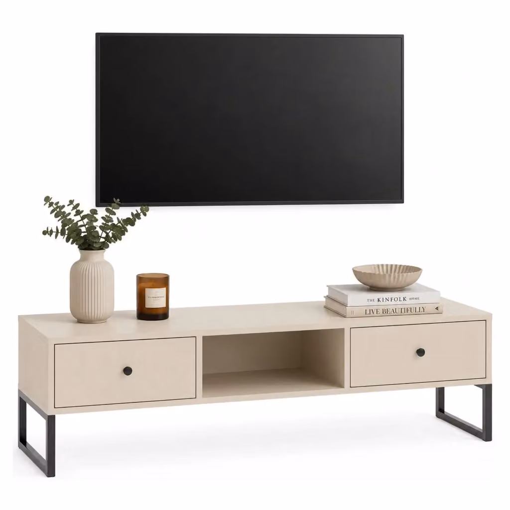 Lilito Mobile Porta TV Moderno con 2 Cassetti in Legno, Colore Beige, L 115 cm x P 33 cm x H 43 cm – 2