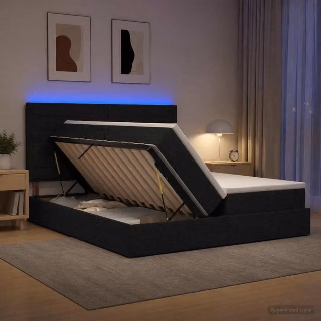 Letto con contenitore e illuminazione LED vidaXL in tessuto nero L 200 cm x P 200 cm x H 34 cm