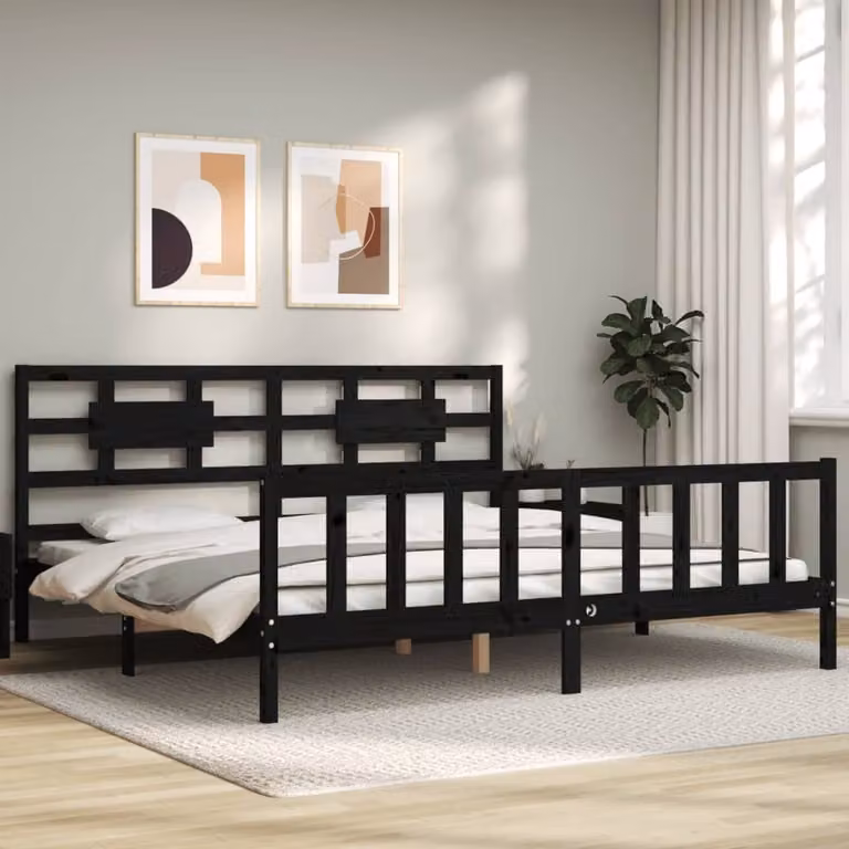 The Living Store Letto in legno massiccio con testiera nera 200x200 cm
