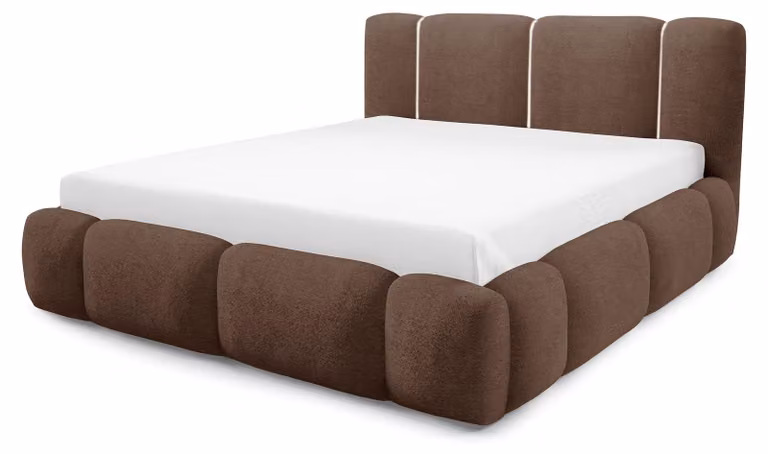 Letto imbottito con contenitore, colore marrone cognac, dimensioni 140 x 200 cm