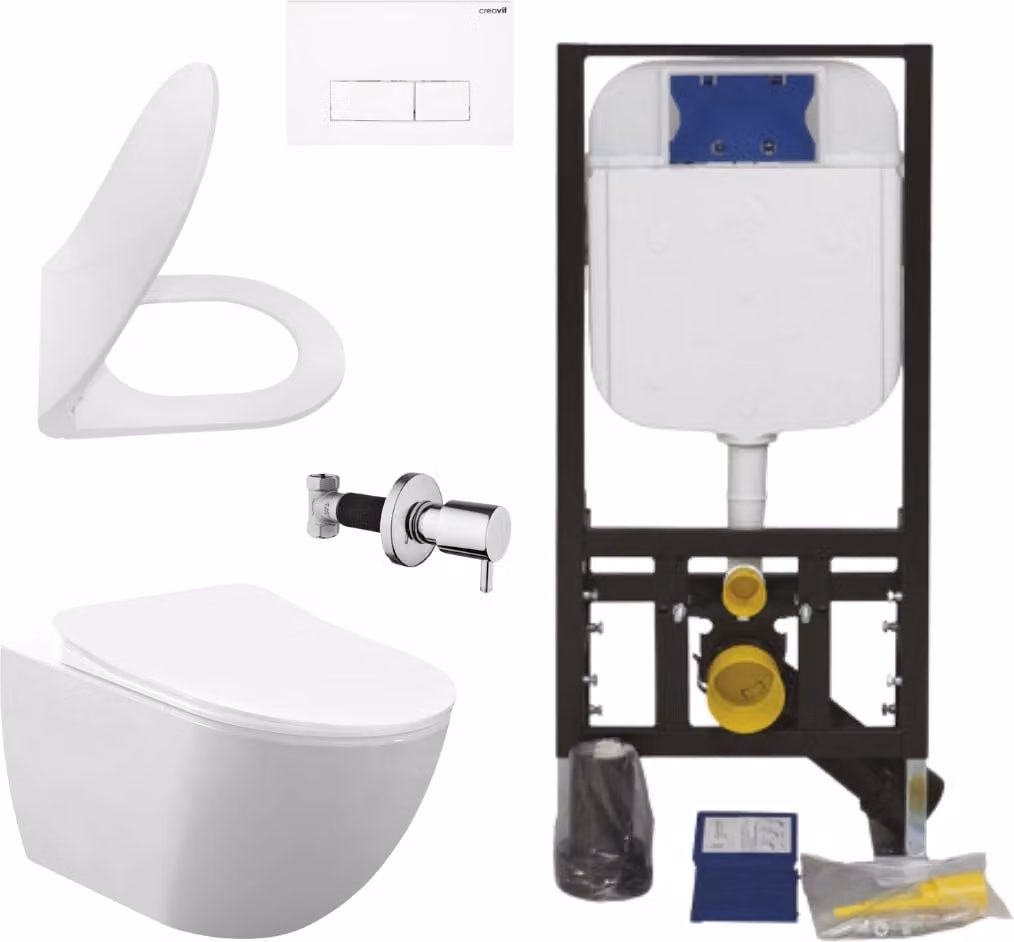 Set completo per WC sospeso Creavit, senza brida, colore bianco, con rivestimento in acciaio inossidabile, sedile WC con sistema di chiusura ammortizzata e cassetta di scarico da incasso con capacità di 3/6 litri