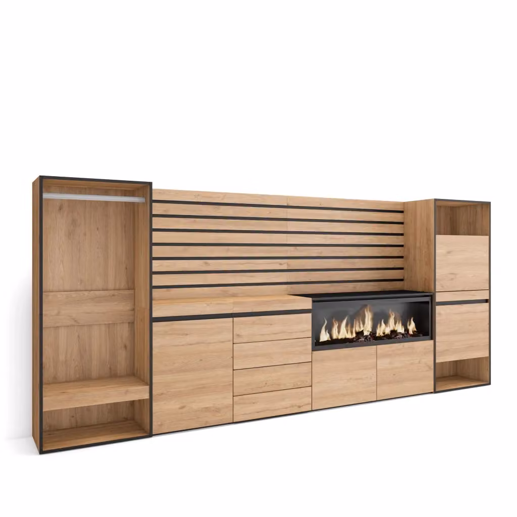 Credenza Skraut Home con Camino Elettrico XXL e Armadio Aperto, Colore Rovere, L: 334 cm, P: 35 cm, H: 145 cm – 2
